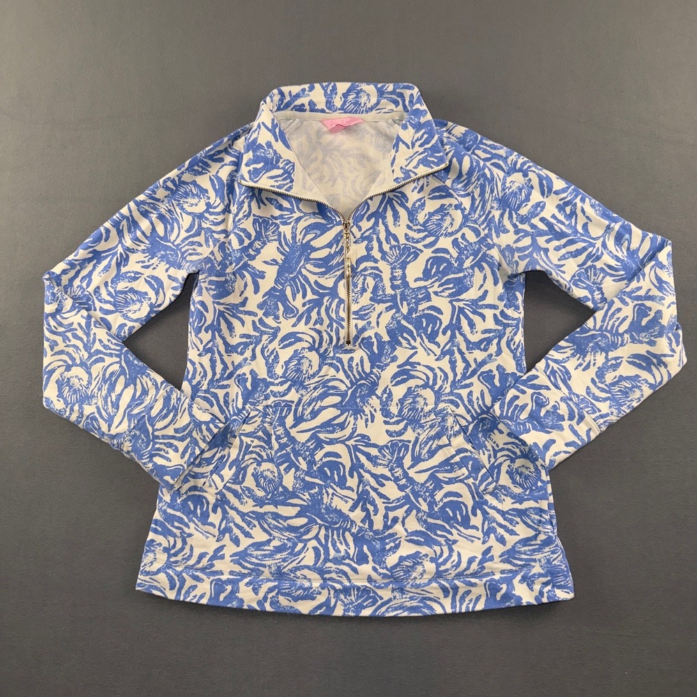 Lilly Pulitzer Skipper Popover XS Blue White Lobster Crab Print Half Zip 20600